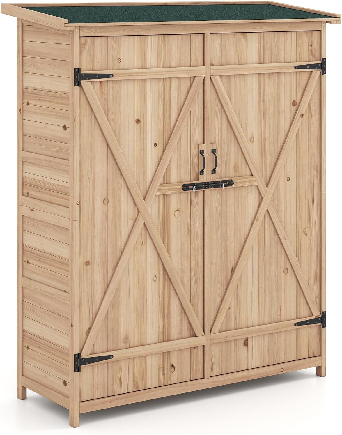 COSTWAY Gartenschrank Holz, Geräteschuppen mit Wasserfestem Asphaltdach & Abnehmbare Regale & Abschließbare Türen, Gerätehaus, Outdoor Gartenhaus für Garten, Terrasse, Rasen, 140 x 51 x 163 cm