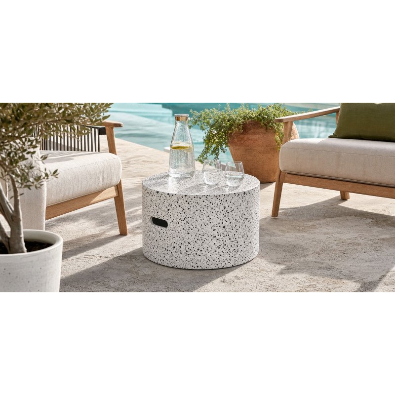 Table basse d'extérieur Jenell - structure terrazzo Ø 52 cm blanc/noir