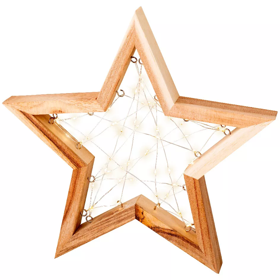 Étoile lumineuse à piles 50 LED (H30 cm) Astre en bois Blanc chaud