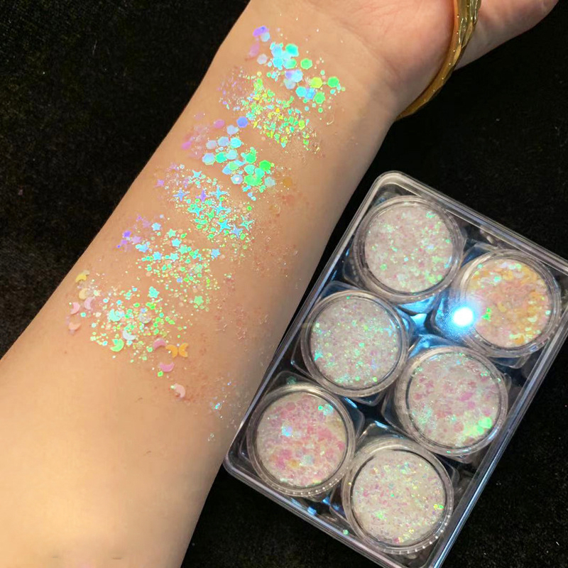 (6er Set) Holographisches Festival Gesichts- und Körper Glitzer Selbstklebende Glitter Gel Lidschatten - Style 3