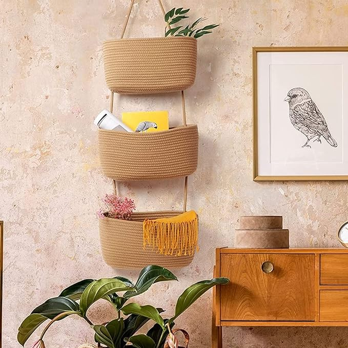 Hängende 3-fach Stoff Körbe Boho Home Deko Organizer für Spielzeug / Accessoires - Braun