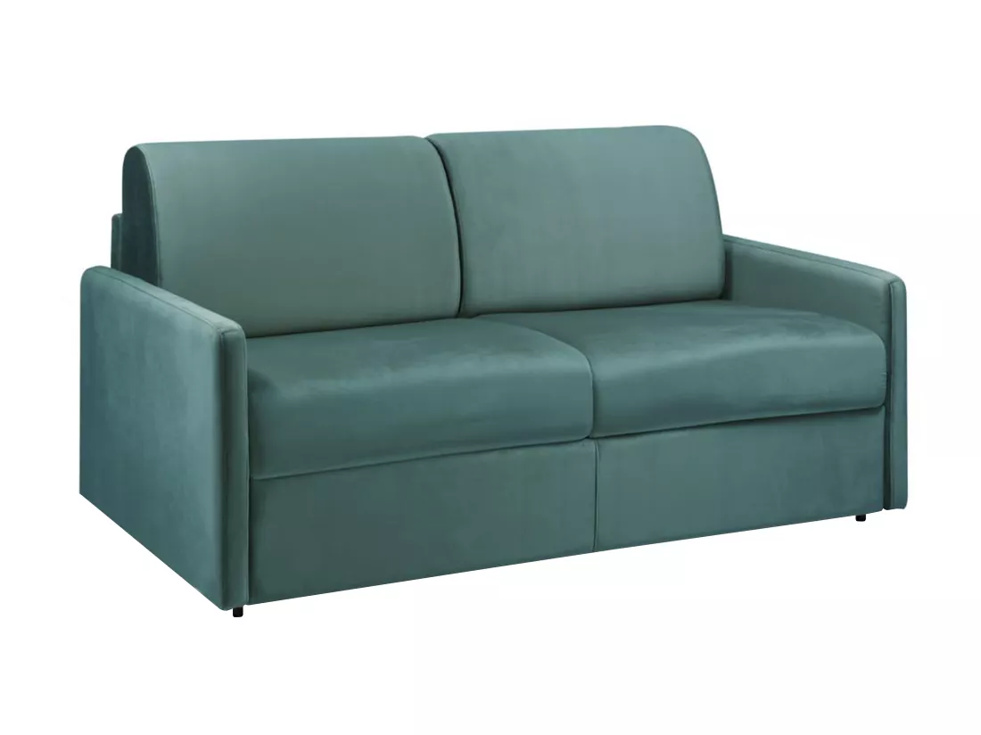 Canapé 3 places convertible express en velours vert menthe - Couchage à lattes larges 140 cm - Matelas 18 cm CALIFE
