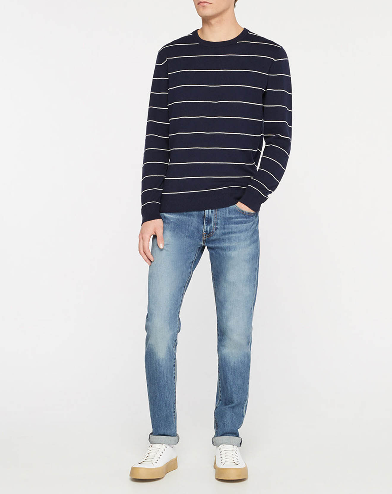 Hackett London Pull en Cachemire mélangé Marinière Classic bleu marine
