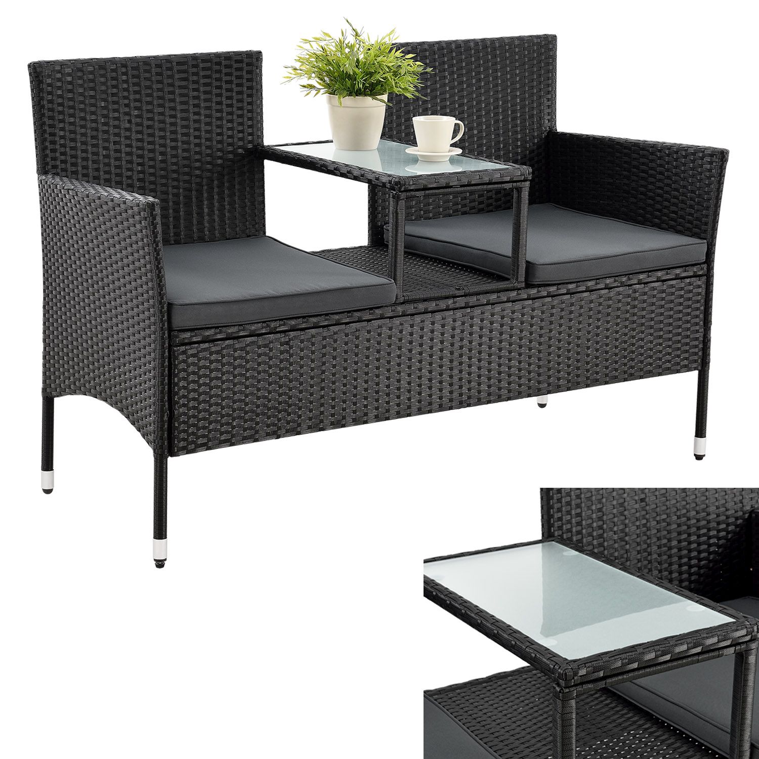 Juskys Polyrattan Gartenbank Monaco schwarz - 2-Sitzer Bank mit Tisch & Kissen - 133×63×84 cm