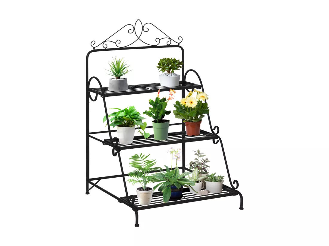 Support pour plantes présentoir avec étagères en métal 3 niveaux forme escalier intérieur/extérieur dim. 60,5L x 59,5l x 95,5H cm noir