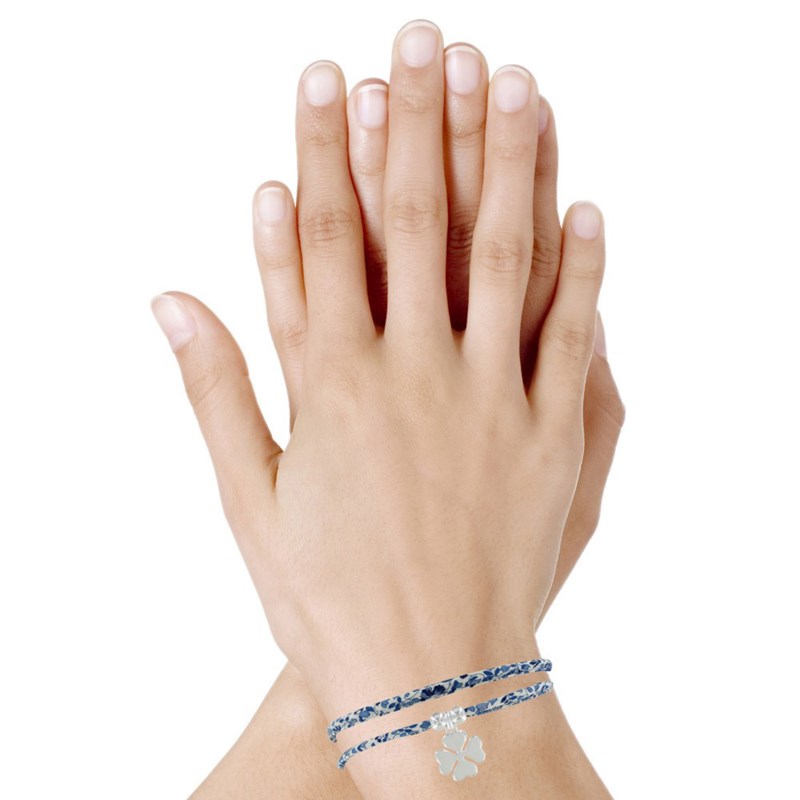 Bracelet Double Tour Lien Liberty et Trèfle Argent - Colors - Bleu Navy