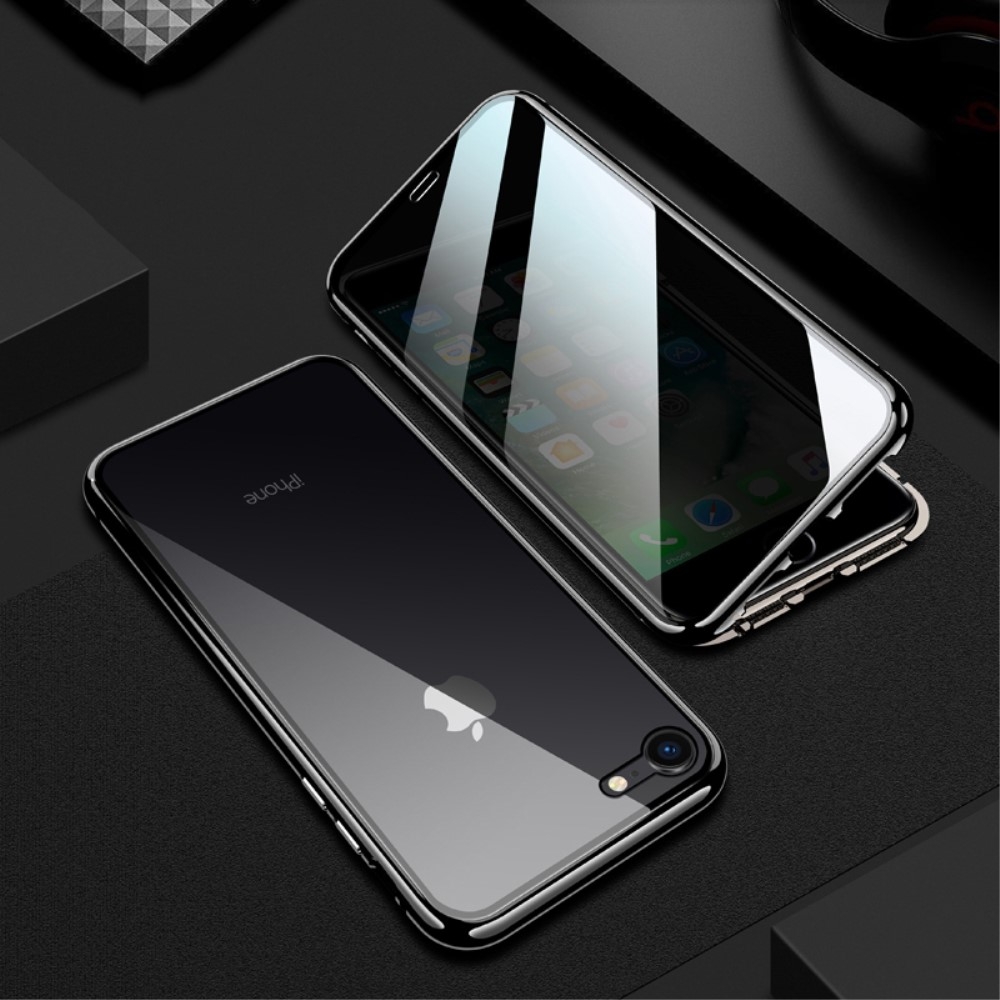 iPhone SE (2022/2020) / 8 / 7 Magnetische Alu Schutzhülle mit Panzer Glas Backcover   Privacy Displayschutz (Magnet-Technologie) - Schwarz