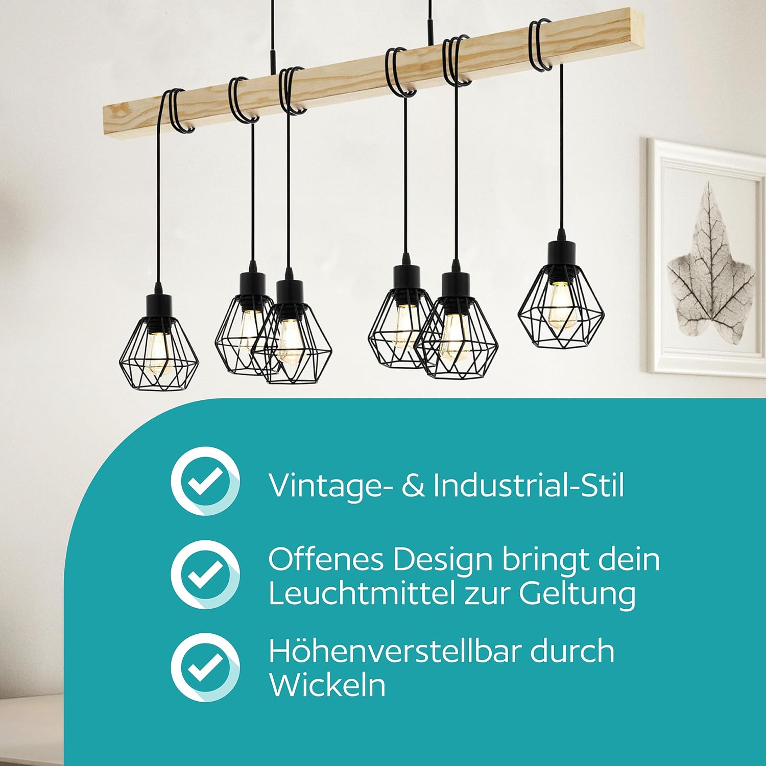 EGLO Pendellampe Townshend 5, 6 flammige Vintage Pendelleuchte im Industrial Design, Retro Hängelampe aus Stahl und Holz, Farbe: Schwarz, braun, Fassung: E27