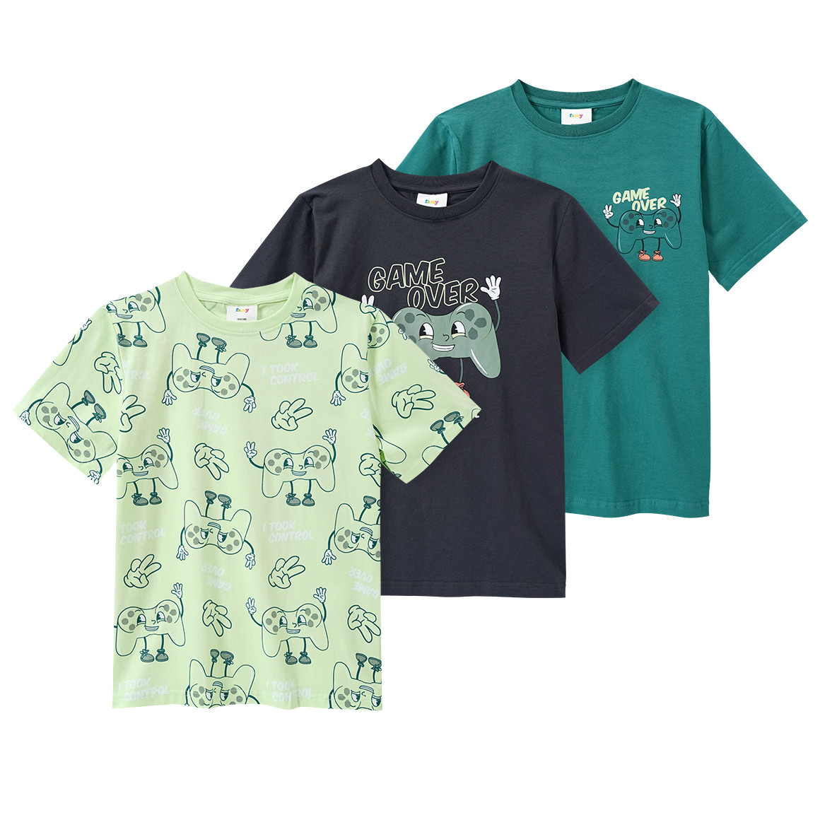 Famy 3 Jungen T-Shirts mit Gaming-Prints dunkelgrau / dunkelgrün / hellgrün