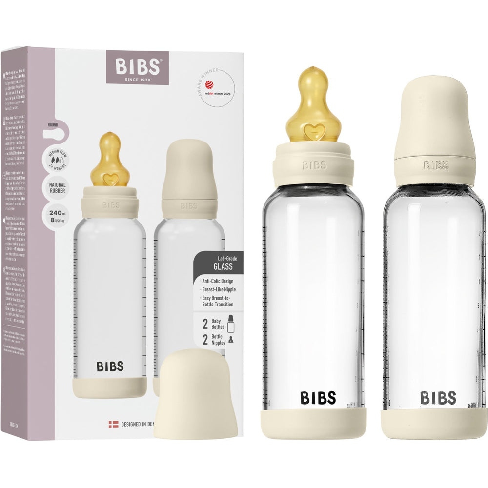 Køb Bibs Ivory Glass Baby Flaske Round Latex 2-Pak 240 Ml Medium Flow
