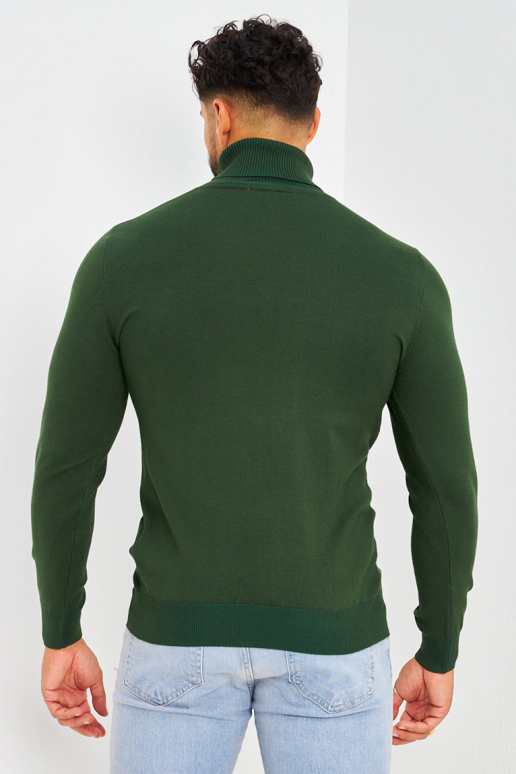 Pull col roulé vert foncé uni