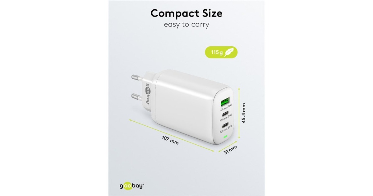 goobayUSB-C PD GaN Multiport snellader (65 W)  (Wit, 2x USB-C, 1x USB-A, Power Delivery, QuickCharge)