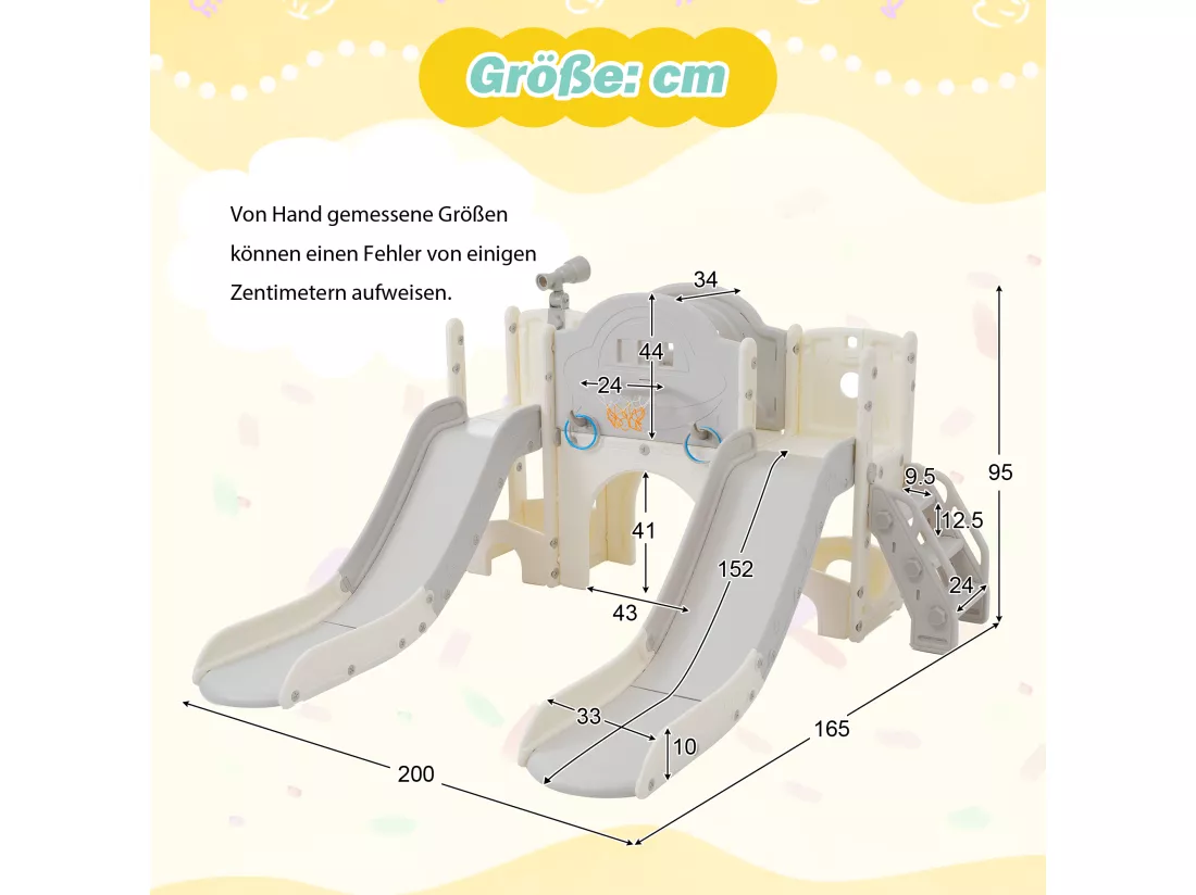 Toboggans double 8 en 1 pour enfants - 200 x 165 x 95cm - en HDPE - avec espace de rangement et panier de basket - gris
