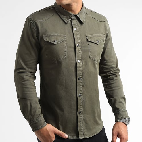 Chemise Jean Slim Manches Longues 0063 Vert Kaki