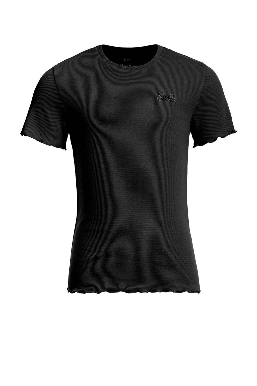 WE Fashion ribgebreid T-shirt met borduursels zwart