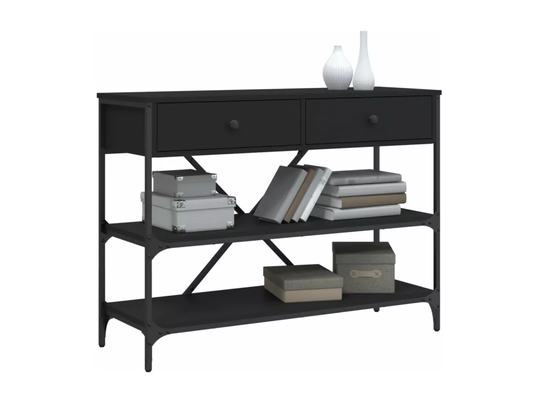 Table console avec tiroirs et étagères noir bois d'ingénierie