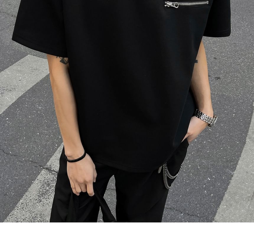 Omozando - T-shirt met korte mouwen, ronde hals en ritsdetail