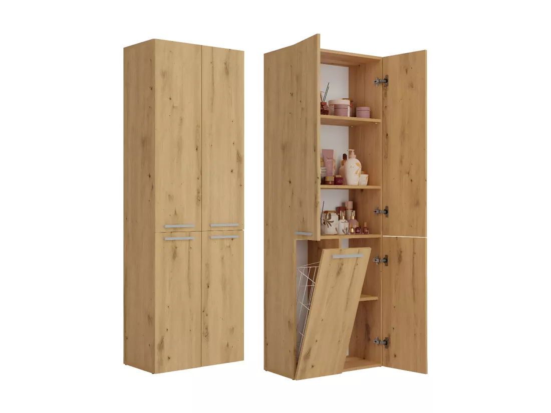 RORY - Armoire de salle de bain avec panier - Dimensions 174x60x30 - Meuble de rangement salle de bain espace buanderie