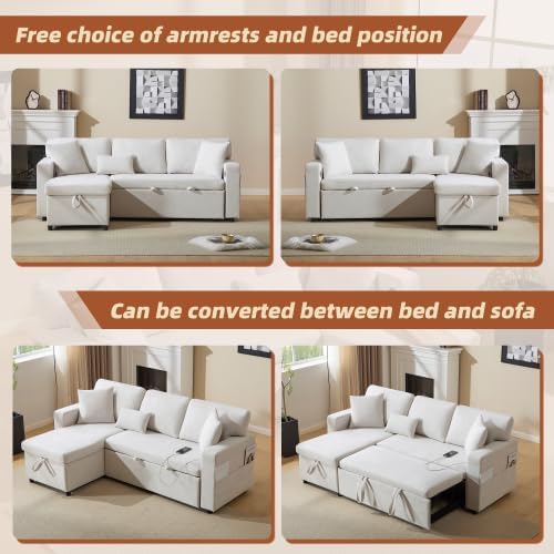 L-Form Schlafcouch Ecksofa Ausziehbar | Bettkasten + Regal + USB-Anschluss, 4 Sitzplätze, Stauraum, platzsparend für kleine Wohnungen & Jugendzimmer, Beige