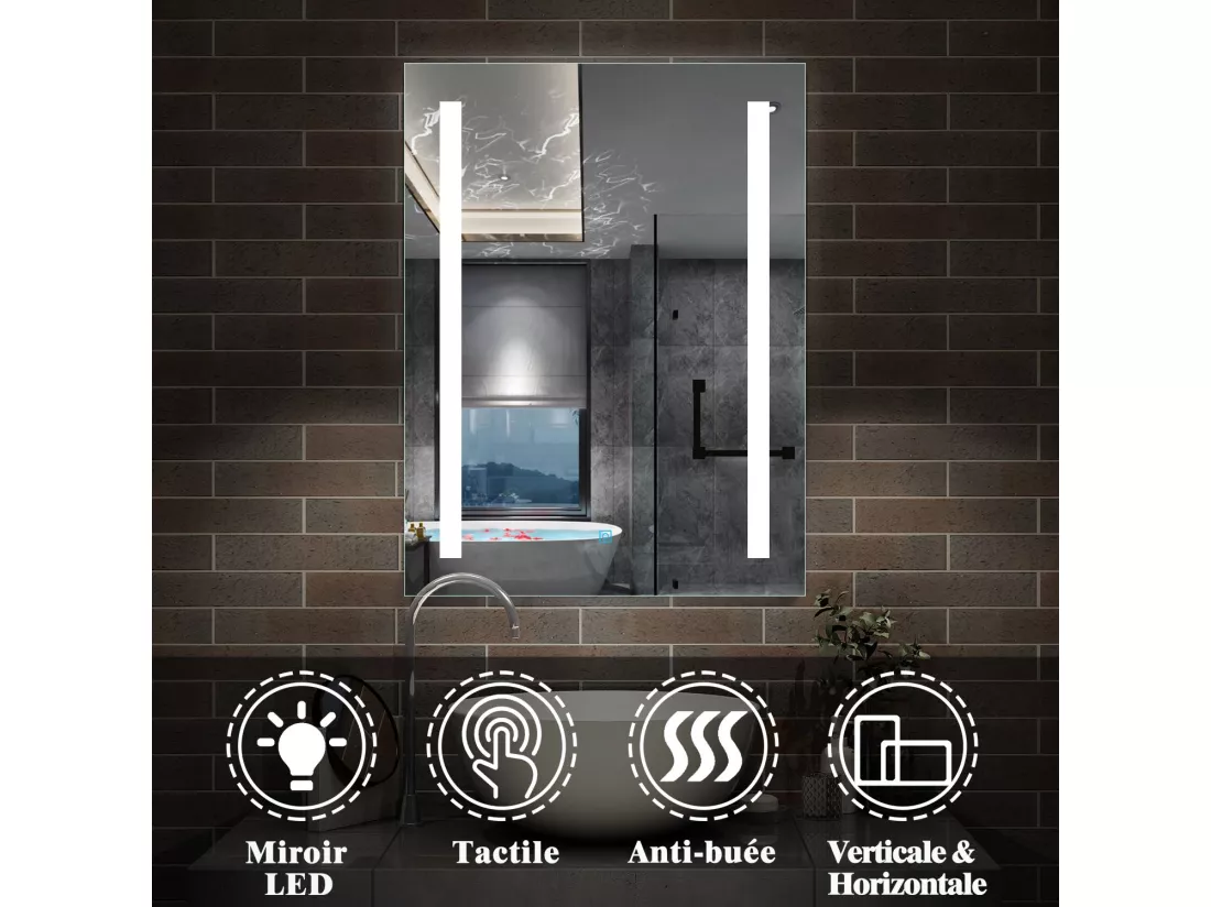 Miroir de Salle de Bain Anti-buée Miroir Lumineux LED Vertical / Horizontal 45x60cm Aica