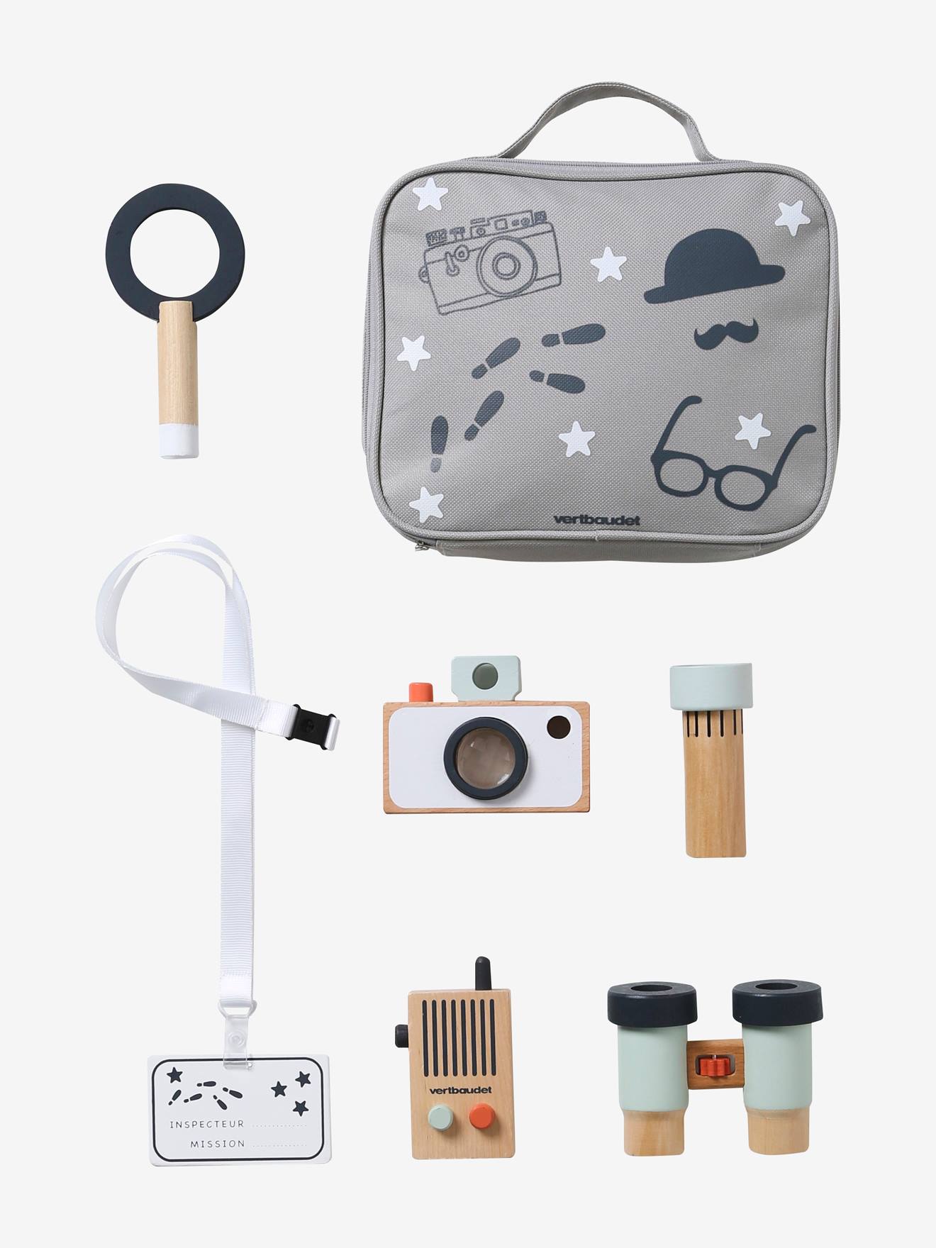 Kit de detetive em madeira FSC®, cinza médio, liso com motivos.