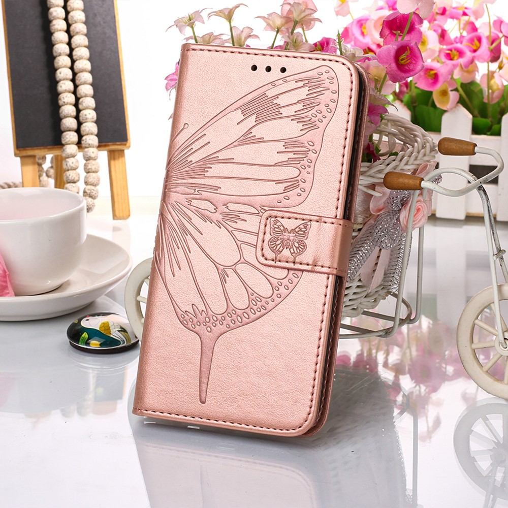 iPhone 13 Pro Leder Tasche mit Kartenfach   Handschlaufe Schmetterling / Blumen - Roségold