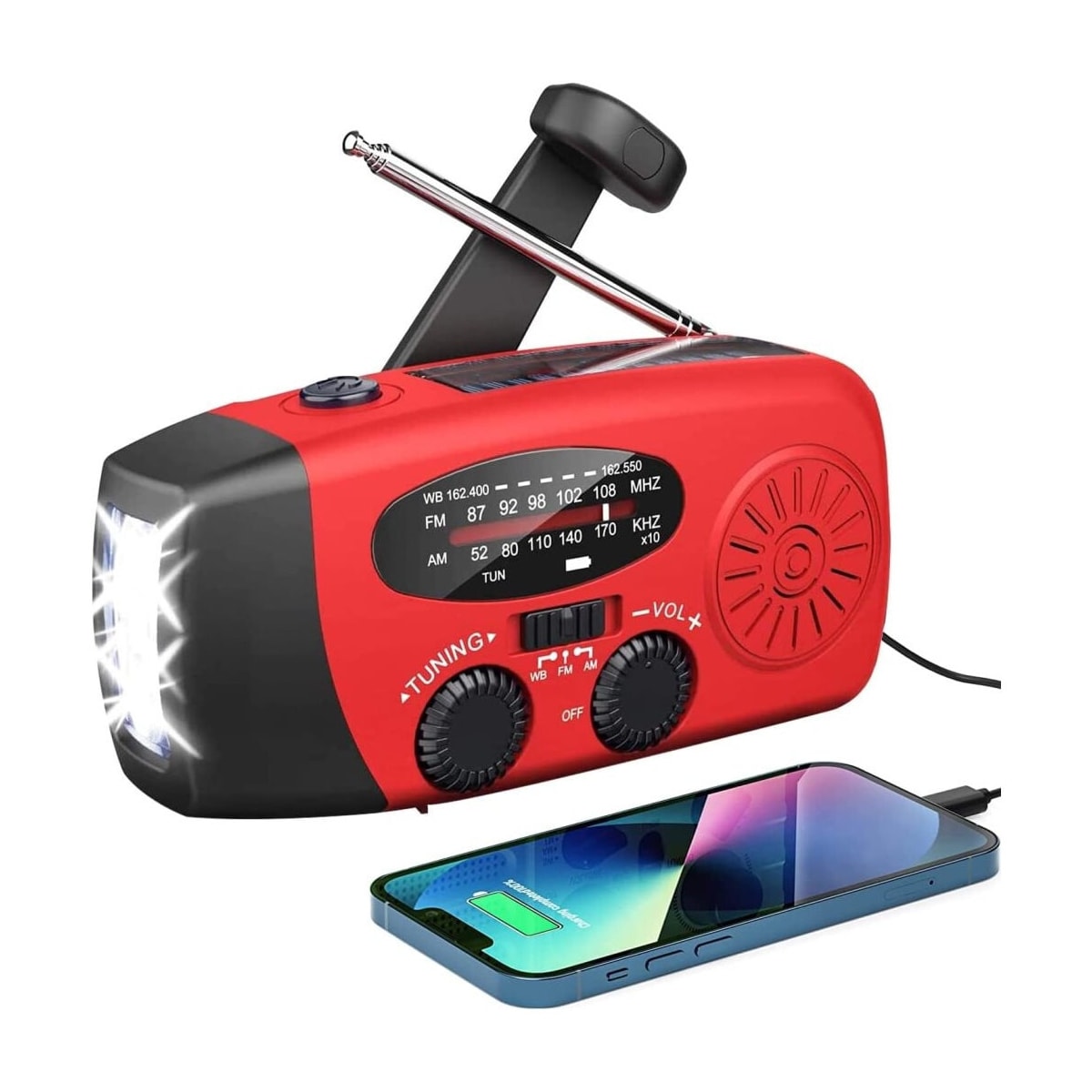 Nødradio med solcelle og håndsveiv Solcelle 2000mAh Powerbank SOS
