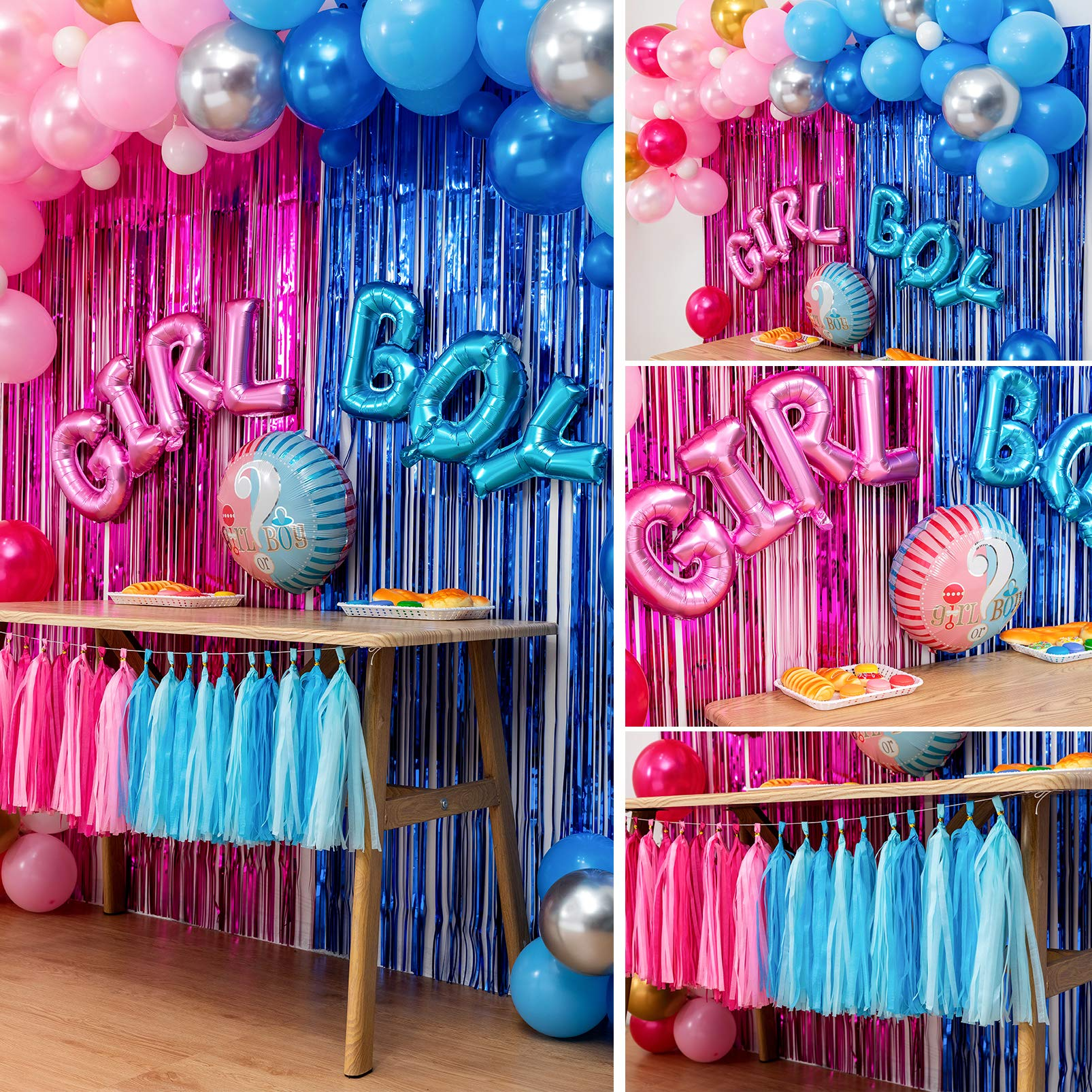 (76-tlg. Set) Baby Shower Party Deko Gender Reveal Folienballon / Latex Luftballon / Quasten Girlande / Lametta Vorhang - Rosa / Blau