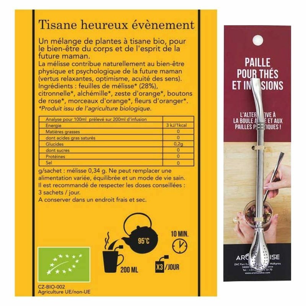 Tisane heureux evènement grossesse + paille inox avec filtre
