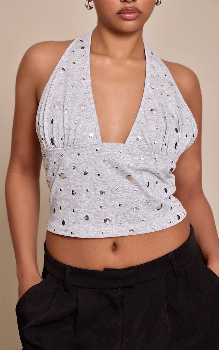 Gris Top Court Petite Col Licou Avec Détails Cloutés