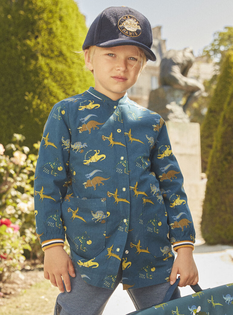 Blouse scolaire bleu pétrole à imprimé dinosaures