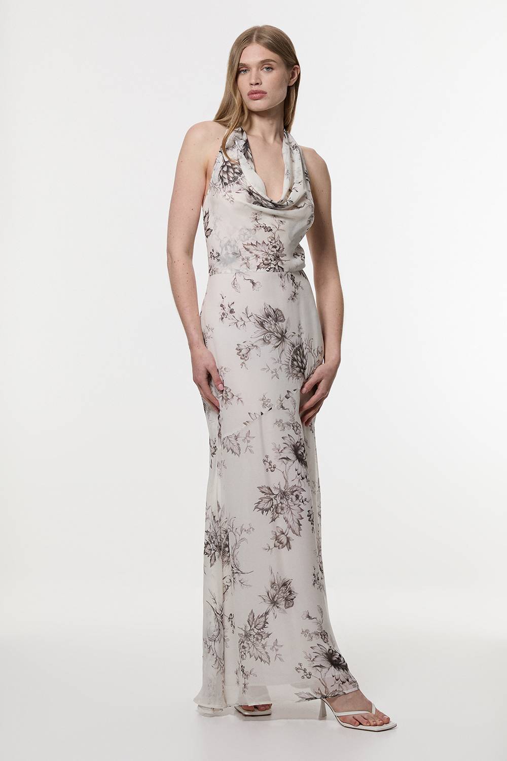 KarenMillen Robe en viscose georgette transparente à imprimé floral esquissé, décolleté en V profond, encolure halter, tissée.