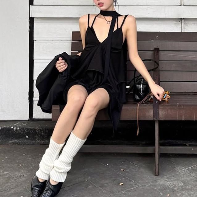 Sugarcoat - Spaghettibandjes effen asymmetrische mini A-lijn jurk