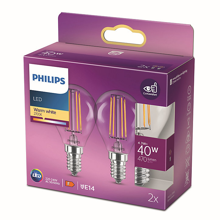 Lot 2 ampoules E14 (SES) standard transparent 470lm 4.3W IP20 blanc chaud Philips