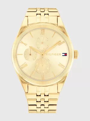 Relógio de pulso com pulseira banhada a ouro e mostrador de submostrador