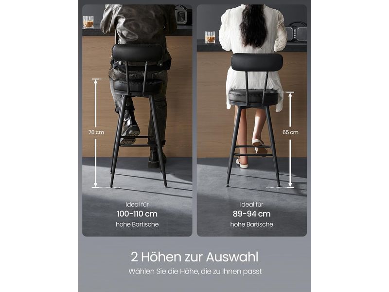 VASAGLE Barhocker 2er Set 54 x 90.5 cm, Schwarz Stabile Barstühle