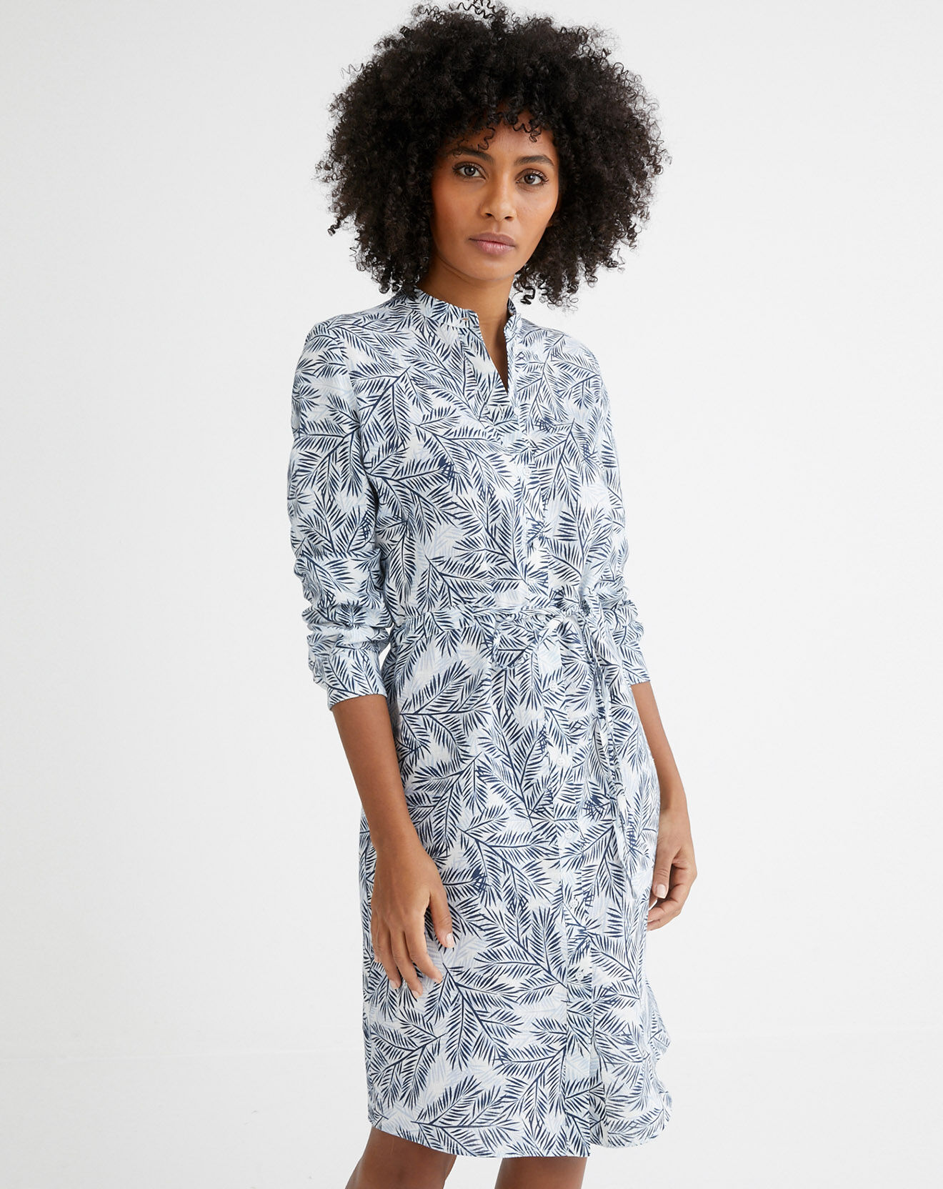 Cyrillus Robe chemise 100% Lin imprimée Palms bleue
