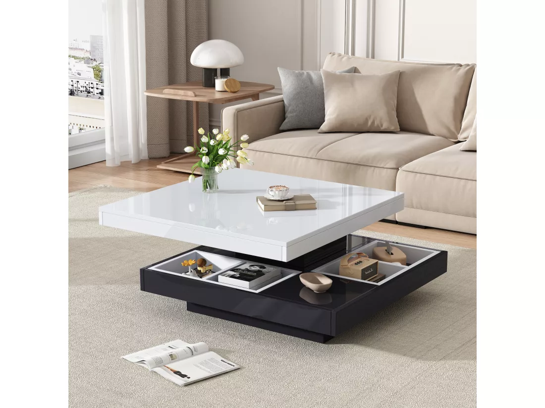 Table basse avec rangements 70x70x36 cm - plateau brillant orientable à 360° - Blanc & Noir