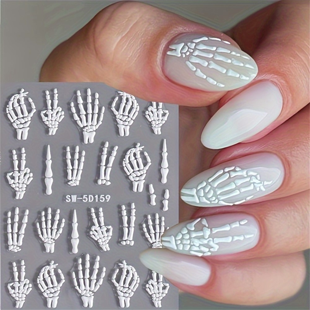 (24-tlg. Set) 5D Nagel Sticker Nail Art Tattoo Selbstklebende Halloween Aufkleber Skelett Hände - Weiss