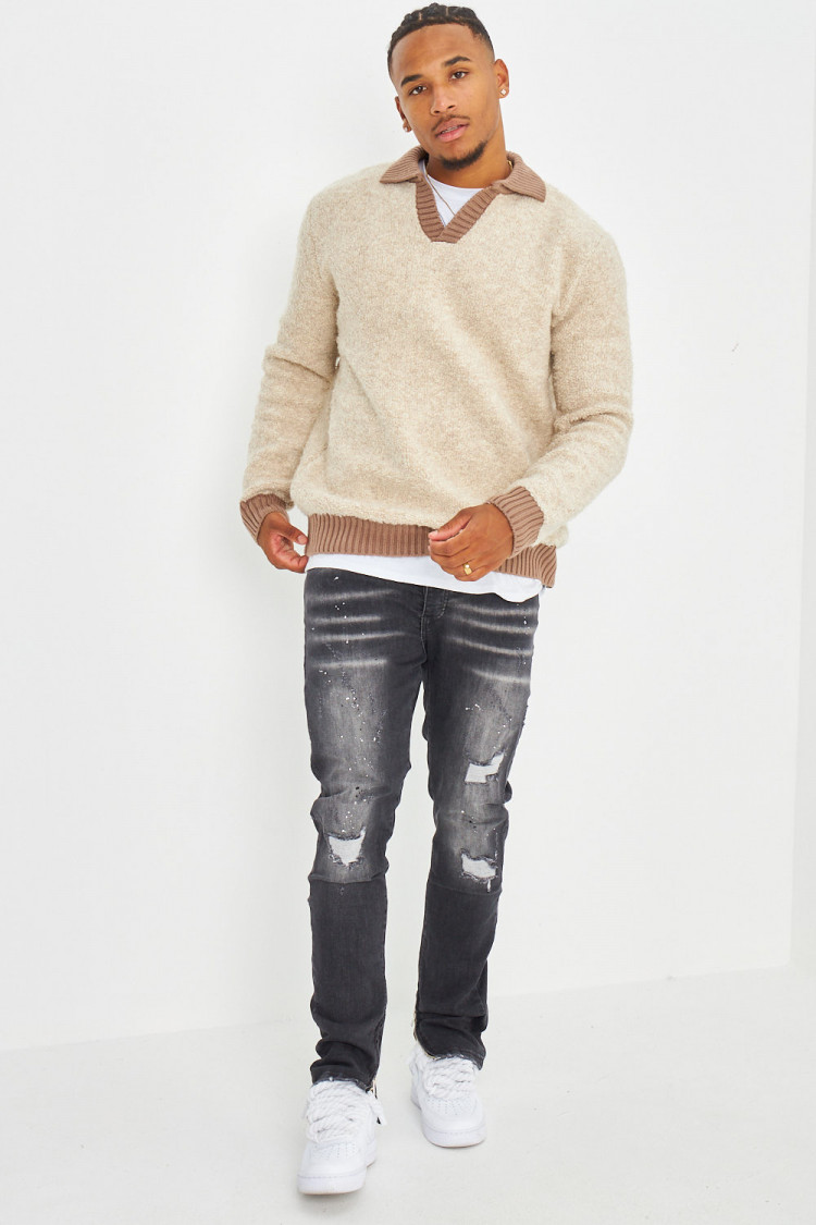 Pull beige bicolor à col à rabats