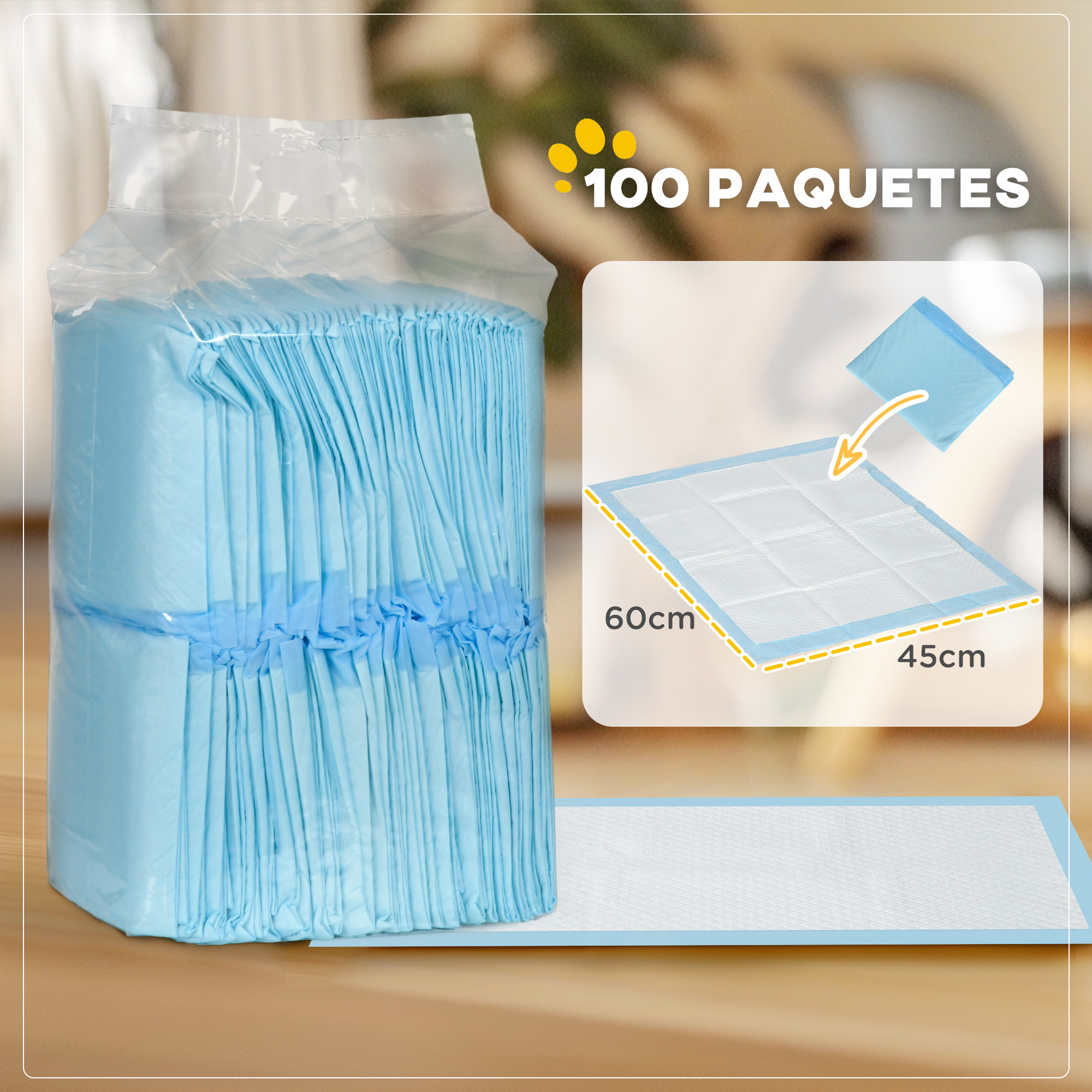 Tapetes higiênicos para cães PawHut, pacote com 100 unidades, 45x30 cm, 6 camadas, secagem rápida, à prova de vazamentos, azul.