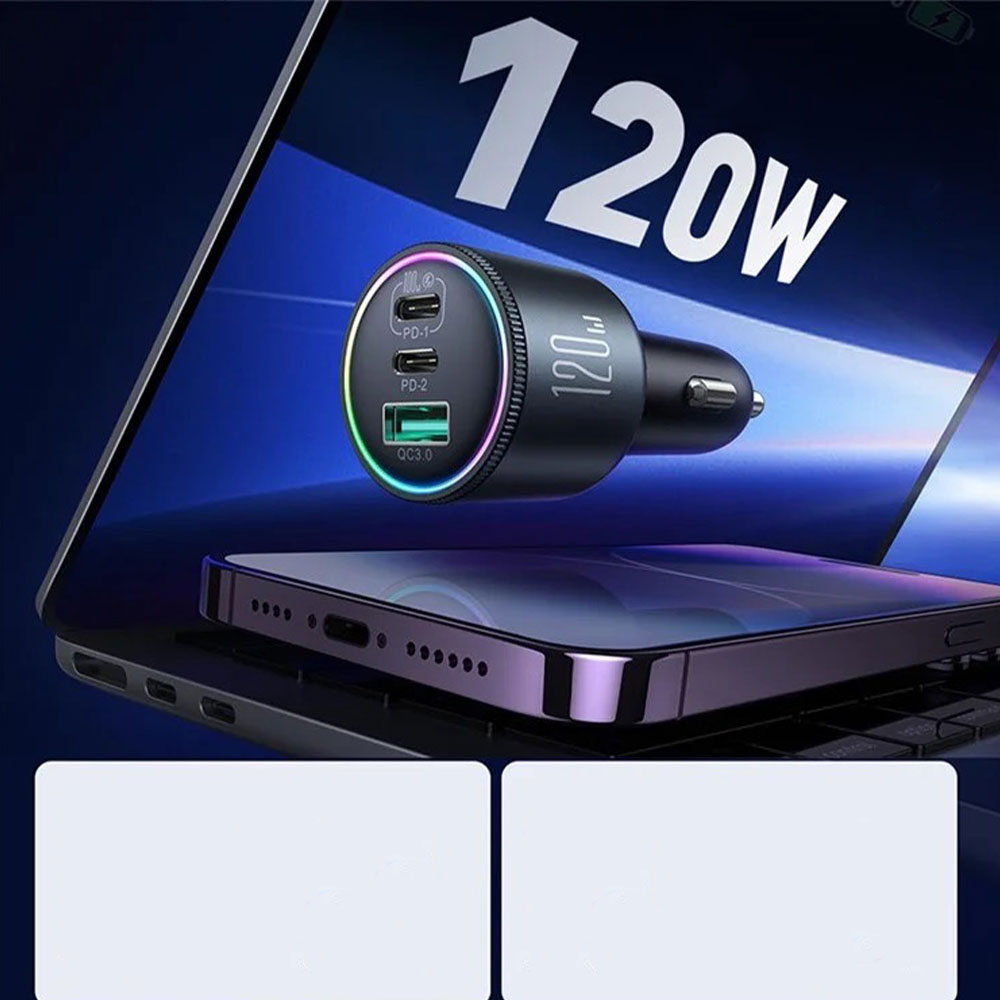 (120W) Dual USB C / USB A Auto KFZ Ladegerät Netzteil PD 3.0 / QC 3.0 mit LED Beleuchtung   USB C Ladekabel - Schwarz