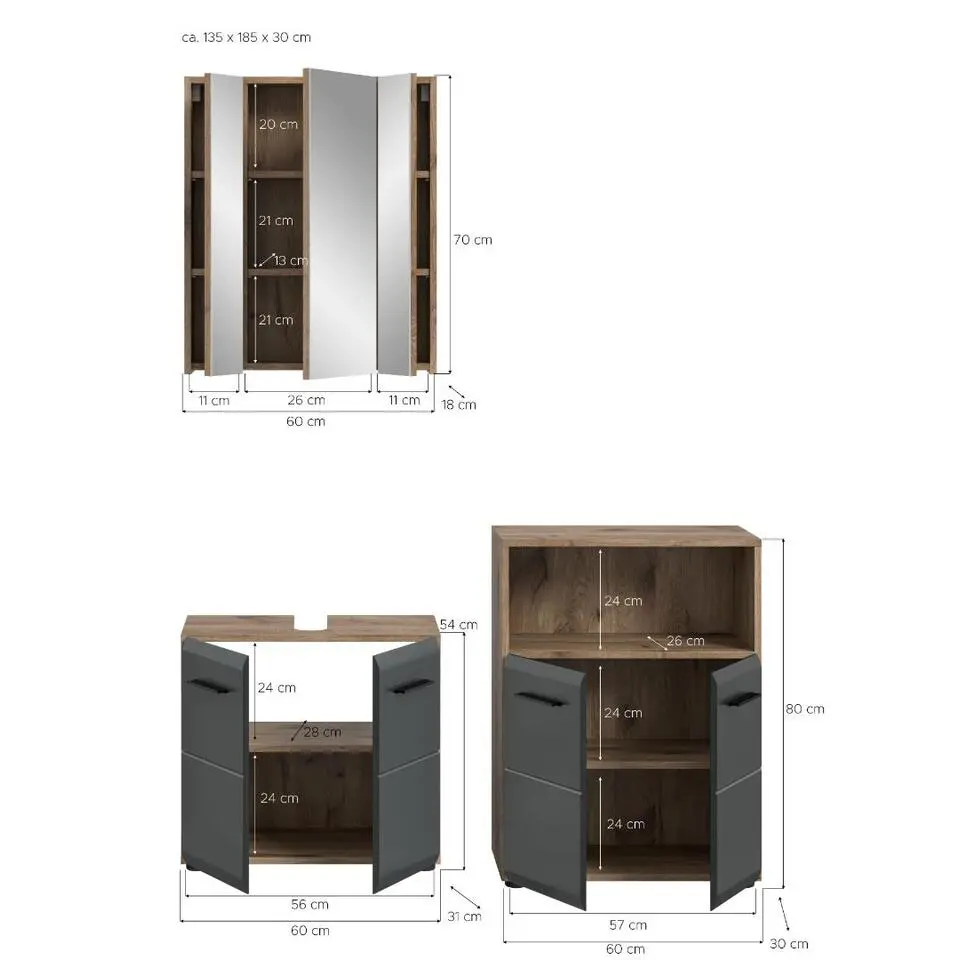 Hioshop Ice badkamer I12 zwart mat- eiken decor