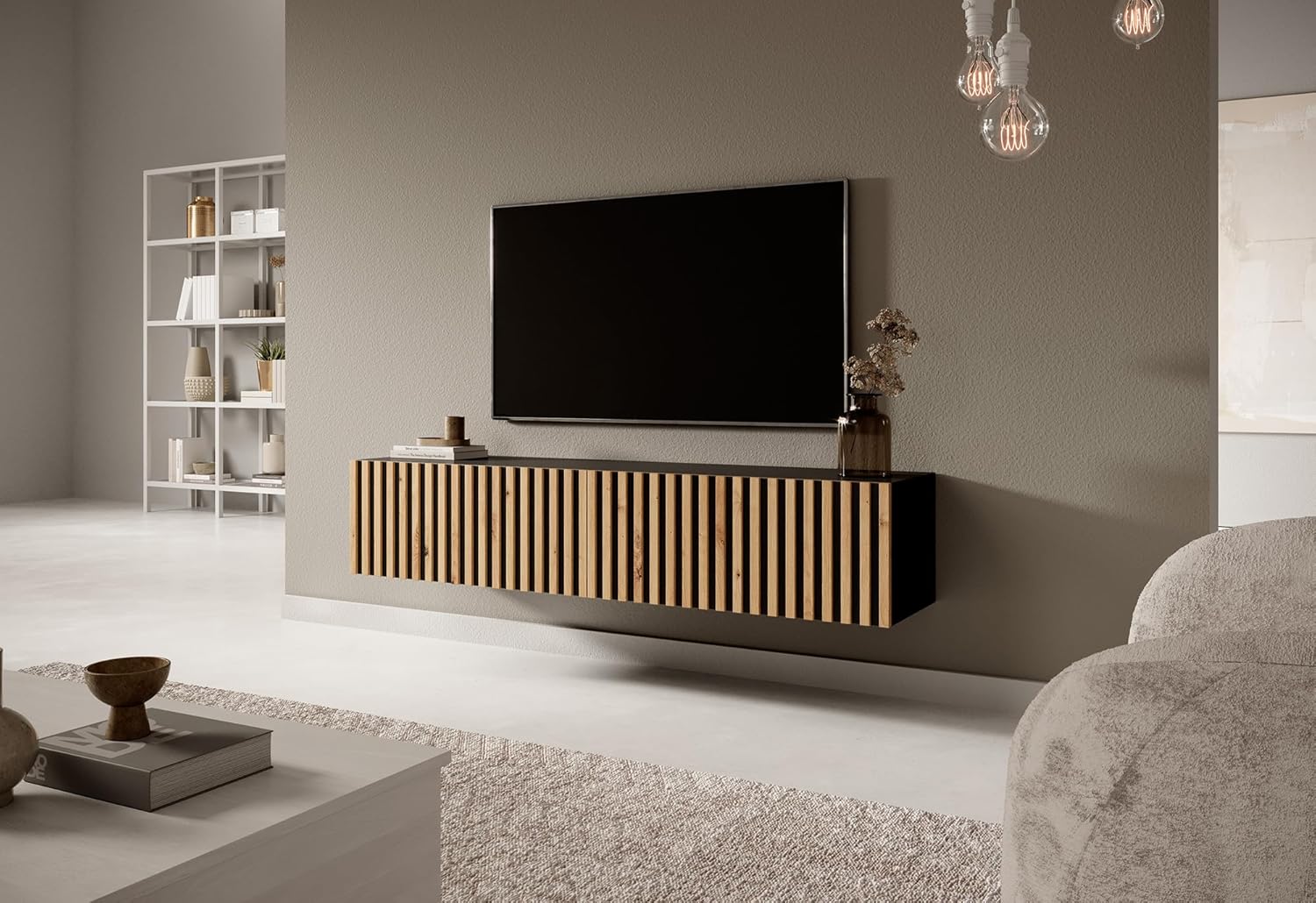 Selsey TV Schrank Board Sideboard Fernsehtisch Fernsehschrank 138,6 cm Hängend Schwarz Mit Lamellierter Front Telire