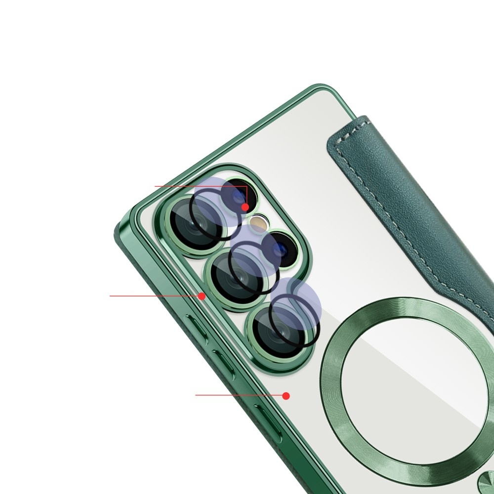 Samsung Galaxy S25 Ultra Hybrid Leder Tasche   Kunststoff Rückseite MagSafe-Modul (RFID Schutz) - Grün / Transparent