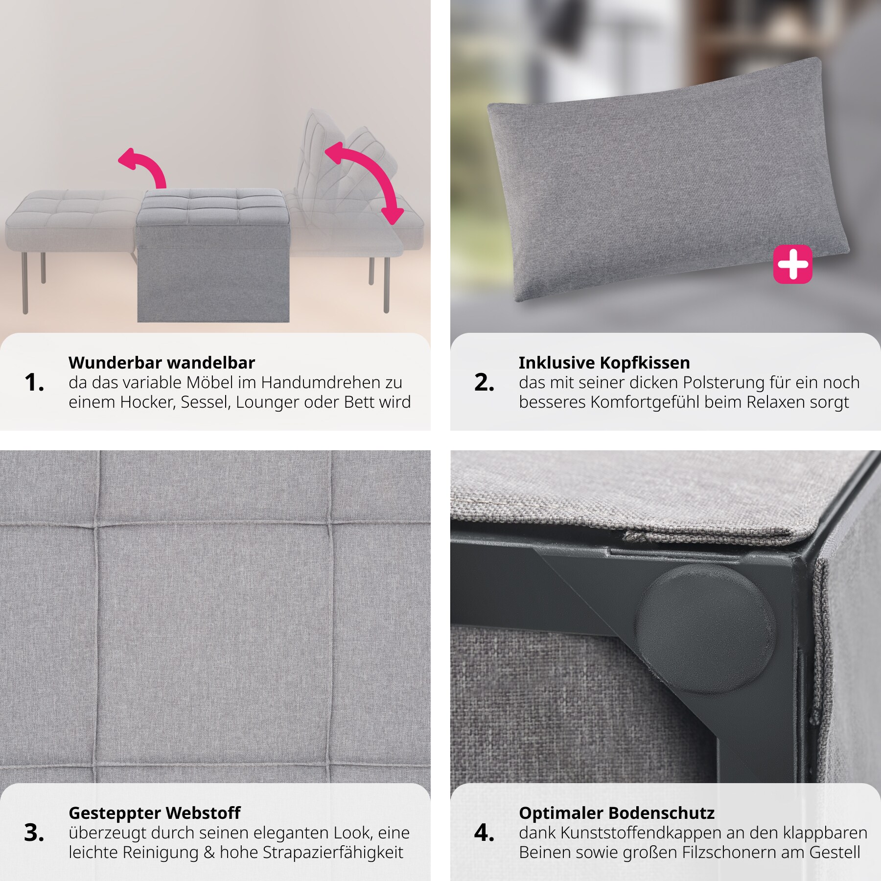 tectake® Schlafhocker, 4 in 1 als Hocker, Sessel, Lounger oder Bett, stabiles Stahlgestell, Belastbarkeit 150 kg