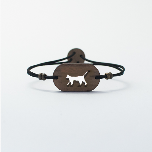Pulseira de madeira personalizável com desenho de gato, preta.