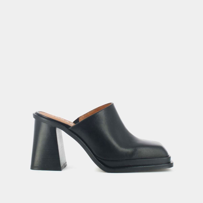 Mules à bouts carrés et talons épais  en cuir noir