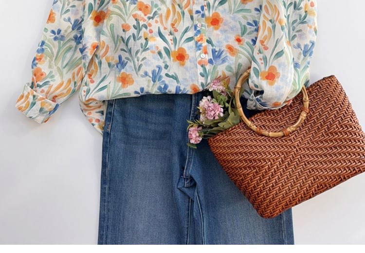 Taragon - Blouse met lange mouwen, kraag en bloemenprint, knoopjes