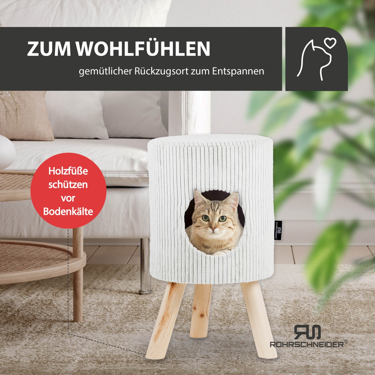Rohrschneider ® Tierhöhle Cord mit Holz-Füße inkl. Gratis-Spielkugel 2er-Set beige